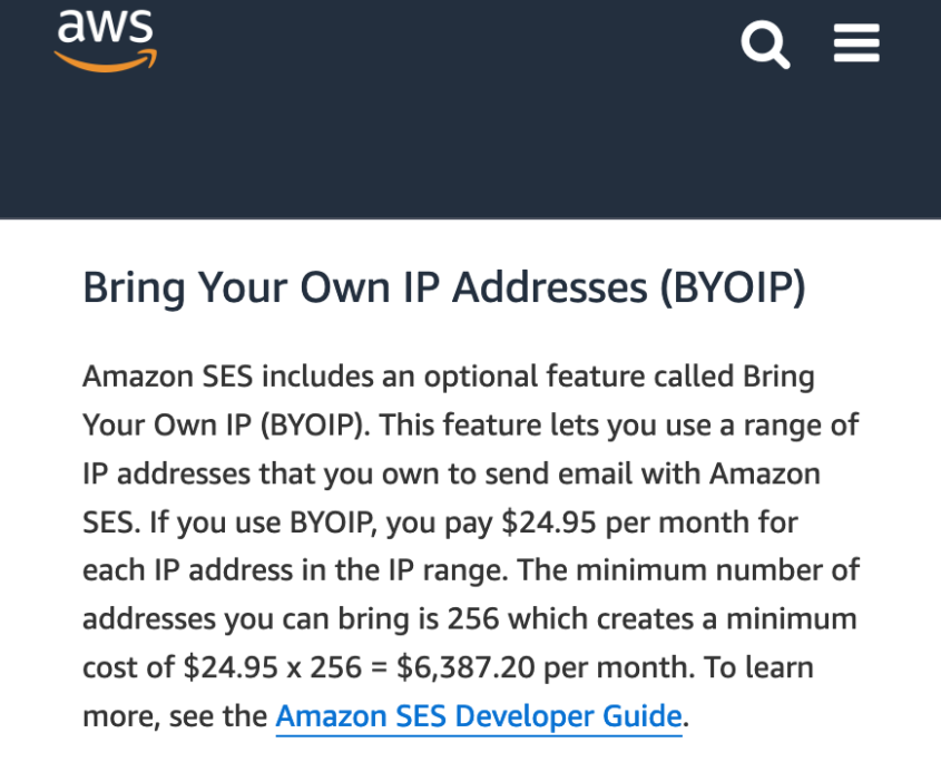 A screenshot from Amazon’s website shows its SES pricing, with a minimum monthly charge of $6,387 for BYOIP on AWS.