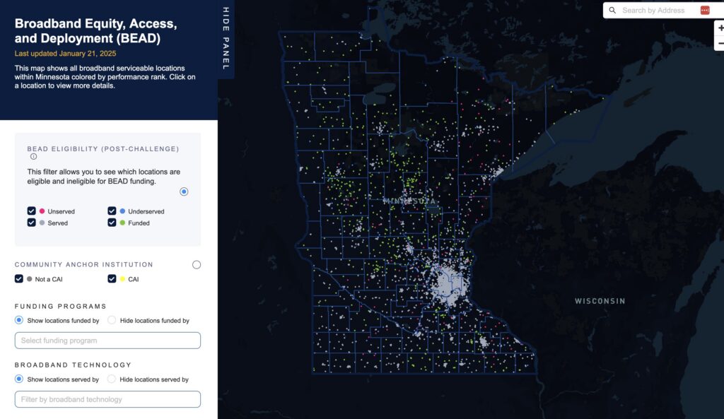 Minnesota DEED's interactive location map of 88,700 eligible BEAD locations