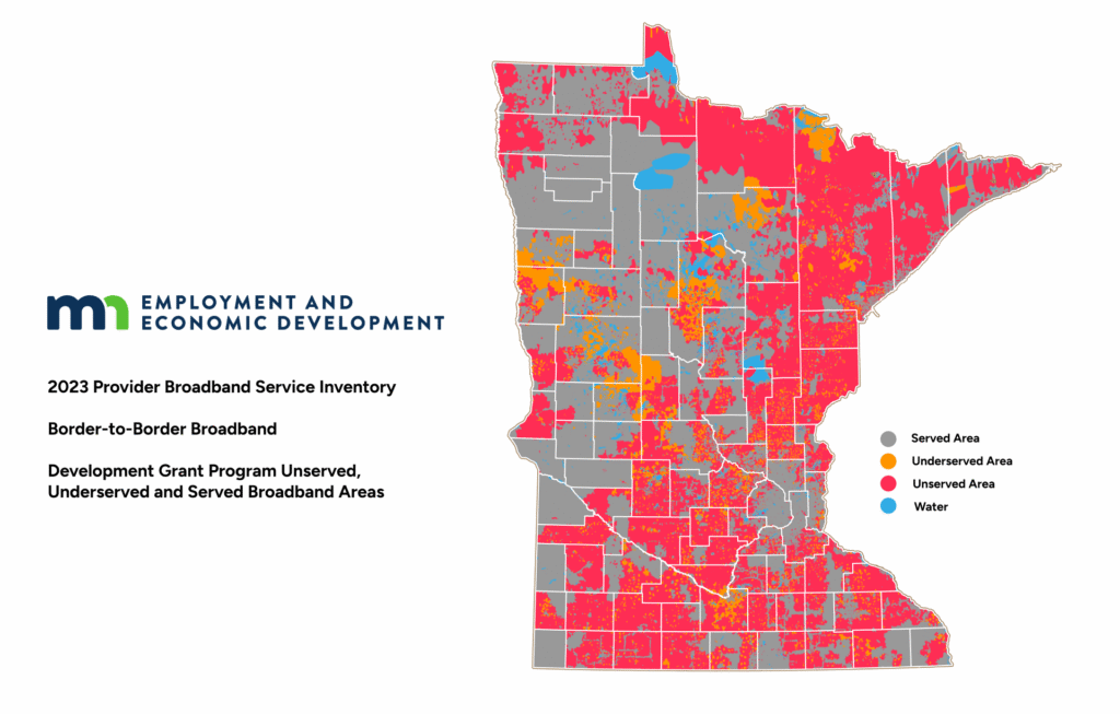 Minnesota's 2023 map of unserved and underserved locations for internet access