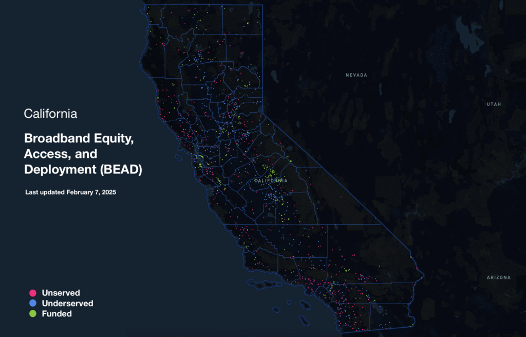 California's BEAD Location Map, showing eligible and funded sites
