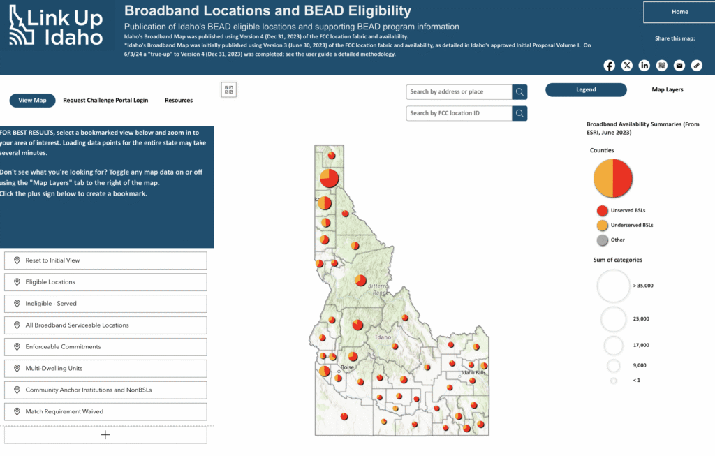 Idaho's Broadband Locations and BEAD Eligibility map, from Link Up Idaho, on ArcGIS