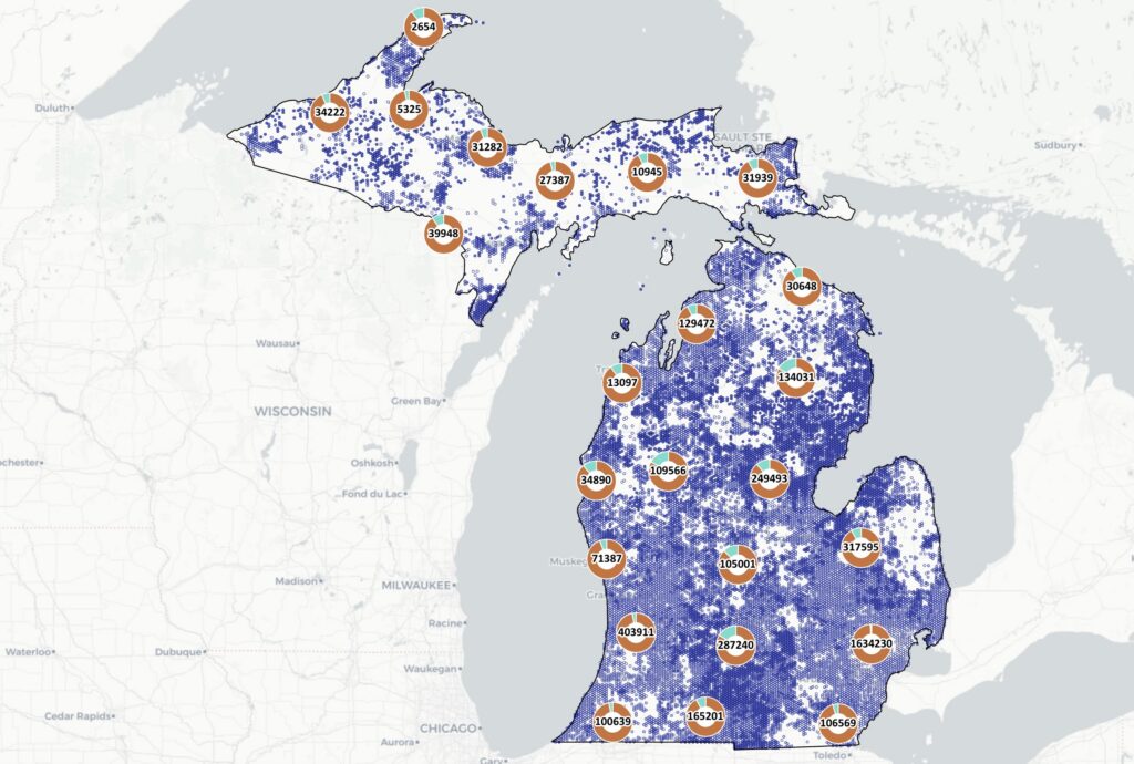 Michigan's Broadband Map of eligible sites and rollout progress.
