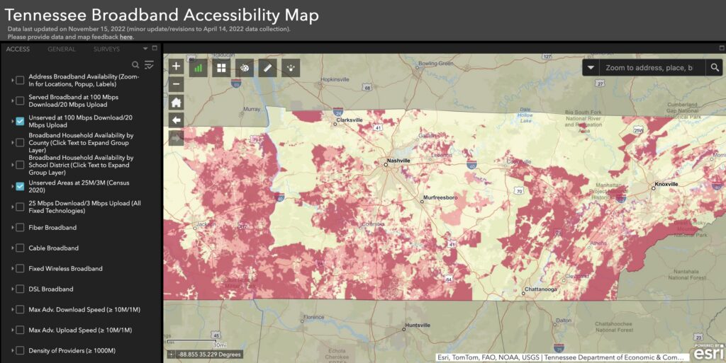 Tennessee's Broadband Accessibility Map, showing BEAD-eligible areas in the state.